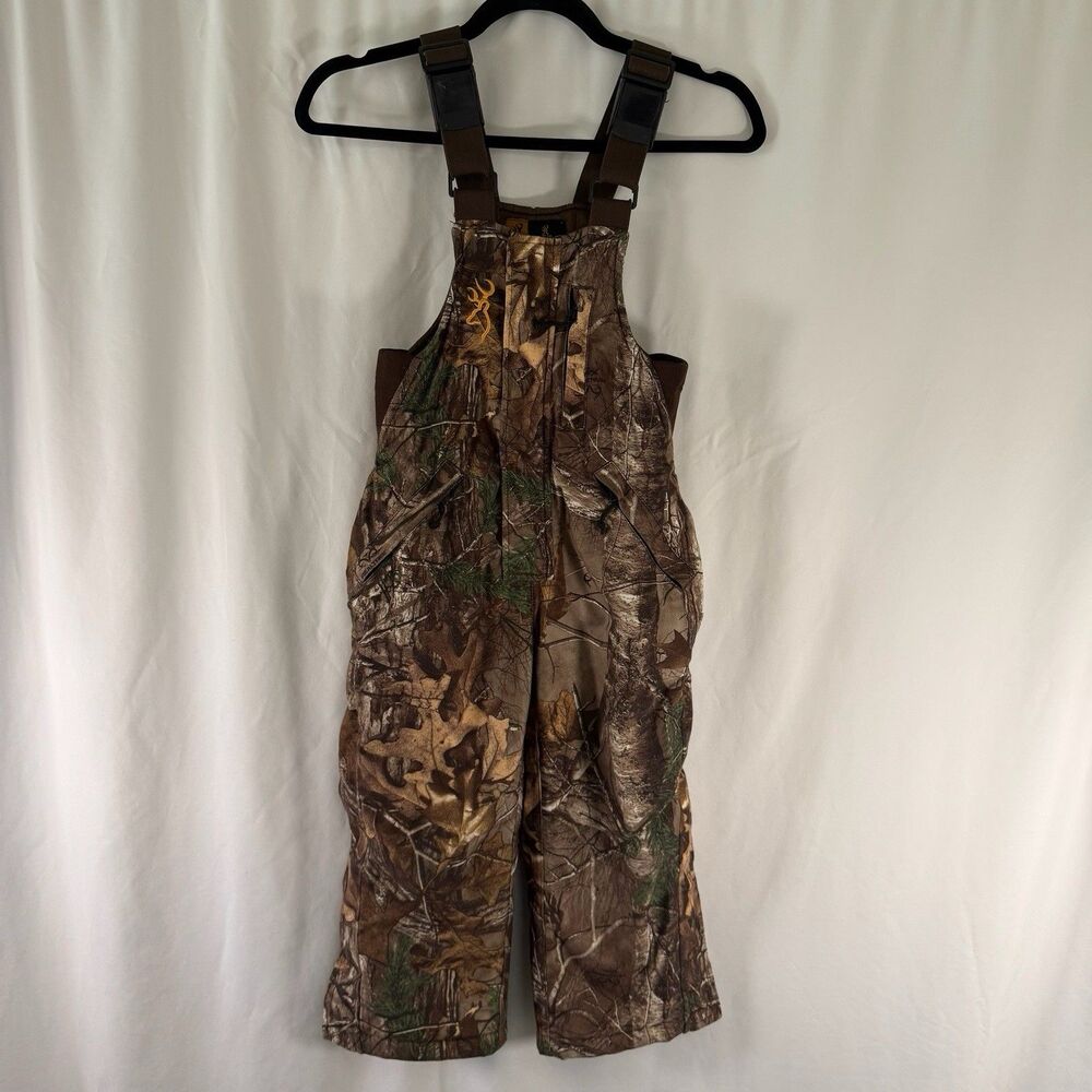 Browning Hunting Bib Youth Boy Small Green Brown Camo Overalls Zip Snap